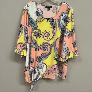 MELISSA PAIGE Blouse Top Women Size 2X Paisley Bell Sleeve Tie Hem Boho